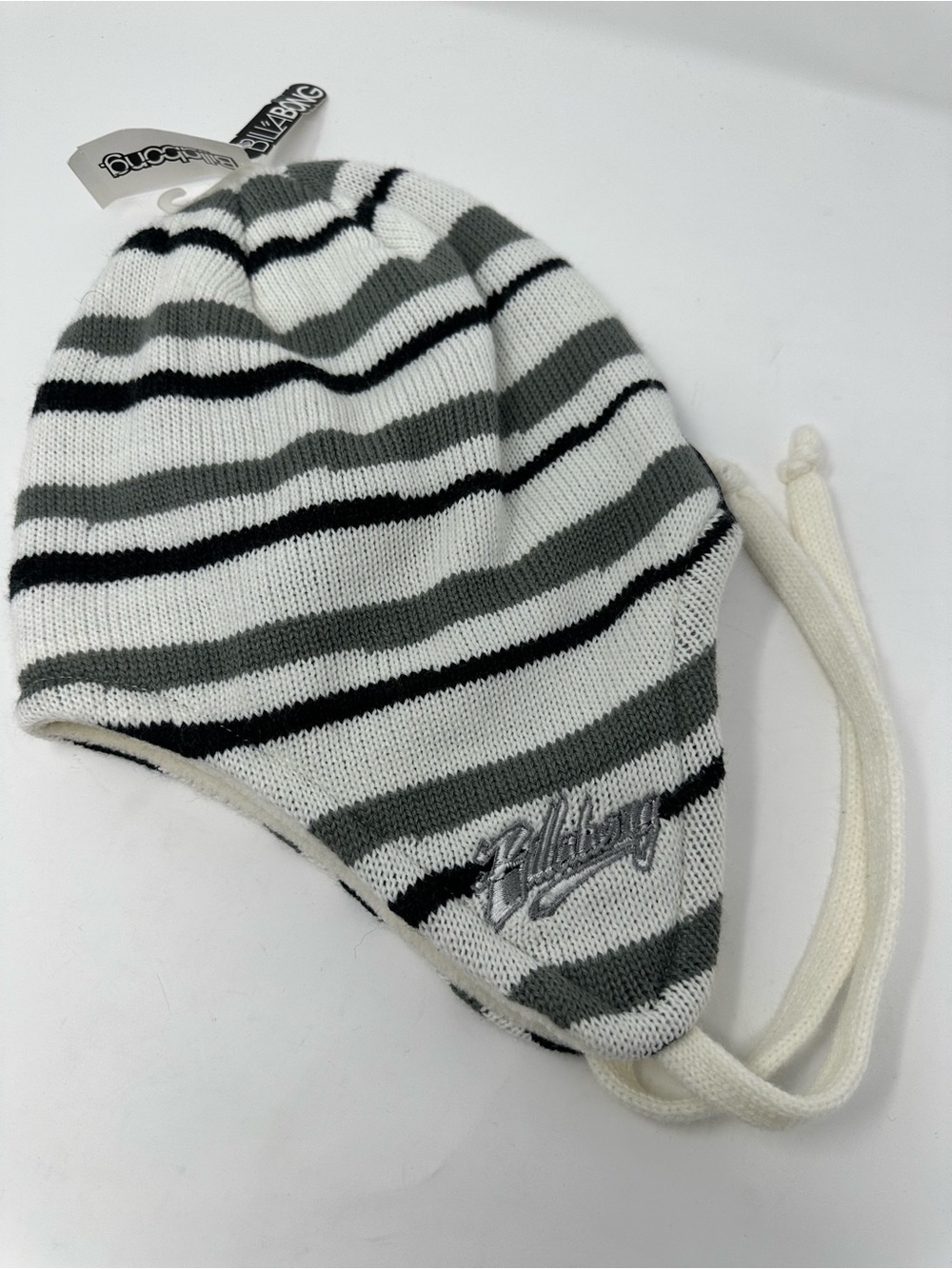 Billabong peruvian hat Grey & White Striped Earflap Beanie
